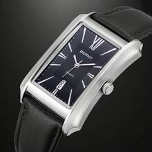 BERNY Men's Genuine Leather Strap Business Dress Watch-Minimalist Easy-To-Read Dial,Columnar Hour Markers,Vintage Trapezoidal Case,Date Window,30M Water-Resistant Quartz Watch For Office & Formal Events - 黑色 - 查看 3