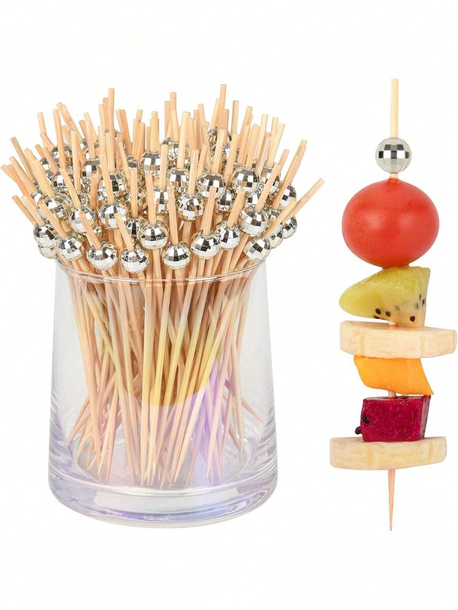 鸡尾酒摇铃、迪斯科球装饰牙签、开胃菜银色鸡尾酒串、迪斯科主题派对用品木制长鸡尾酒摇铃（4.7 英寸，银色）、蛋糕装饰