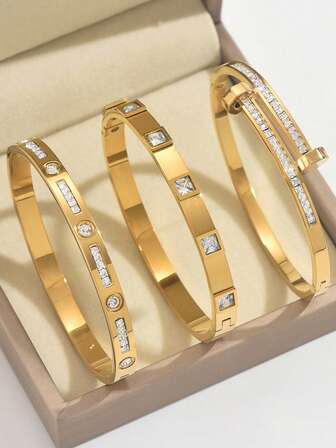 3 szt. 18K galwanizacja próżniowa, niełatwa do wyblaknięcia, inkrustowana cyrkonią, odpowiednia do codziennego noszenia, modny i elegancki zestaw bransoletek damskich, biżuteria bransoletkowa biżuteria złota biżuteria damska bransoletki akcesoria damskie biżuteria ze stali nierdzewnej bransoletki dla kobiet biżuteria zachodnia