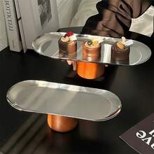 1 Set Wooden High-Footed Fruit Bowl, Minimalist & Elegant Stainless Steel Tray - Silver Stainless Steel Oval Wooden Feet - View 9