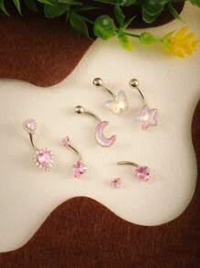 6pcs Y2K Baddie Combo - Butterfly/Star Moon Multielement, Colorful Zirconia, Hypoallergenic Adjustable Bar, Pure Style Belly Button Rings, Music Festival & Beach Party Accessories