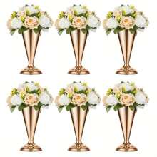 6 Pcs Tabletop Metal Wedding Flower Vase, Tall Table Decorative Centerpiece, Artificial Flower Arrangements For Wedding Party Dinner Event Hotel Home Decor Mother's Day Gift Plastic Flowers(Gold And Silver)