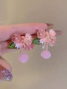 1 Pair 2 Pcs Handmade Gradient Color Flower Jewelry Earrings, One-Of-A-Kind Colorful Floral Dangle Earrings, Suitable For Spring/Summer, Delicate & Elegant, Feminine French Country Style, Thoughtful Gift For Girlfriend - Pink - View 5