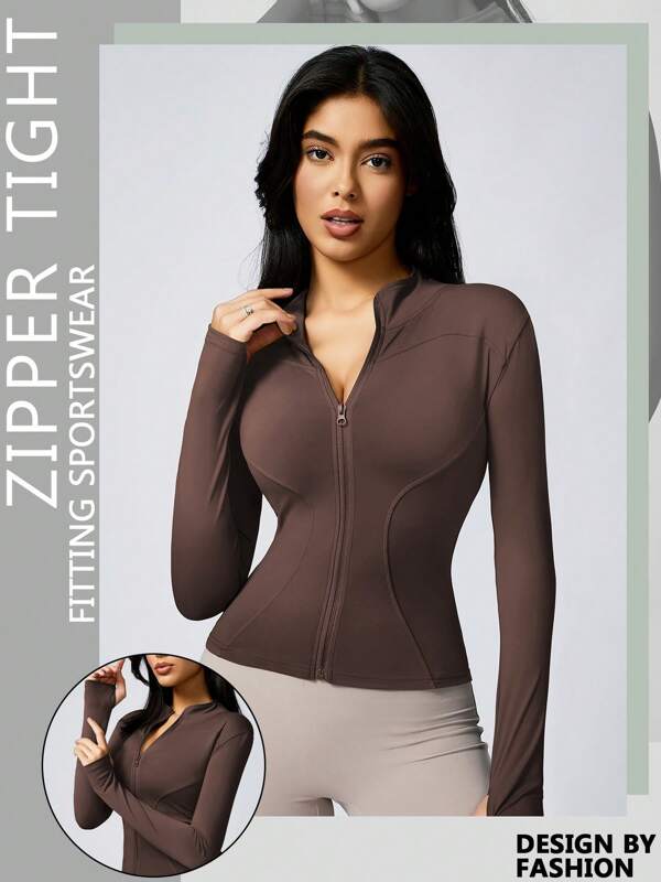 1Pc Women's Solid Color Thumb Hole Long Sleeved Sports Zipper Jacket Yoga Daily Fall