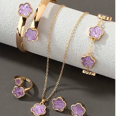 Set de 6 piezas de joyería con flores de la suerte, 1 collar, 1 pulsera, 1 brazalete, 1 anillo, 1 pieza de aretes, adecuado para uso diario, fiestas y vacaciones