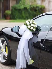 Luxurious White Wedding Car Decorative Fabric With Transparent Mesh, Polyester Floral Arch For Wedding, Party, Christening And Themed Events, Wedding Accessories, Elegant Decor, Wedding Car Rearview Mirror Decor, Wedding Car Decoration