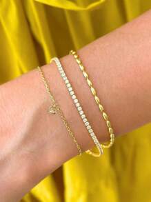 Nooxian 3pcs/Set Elegant Luxury Style Gold Rice Pearl & Rhinestone Chain Heart Pendant Layering Bracelets For Women