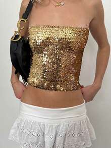 Y2K Women's Glitter Sequin Tube Tops Sleeveless Strapless Slim Fit Bandeau Tops Club Shirts - Vàng - Xem 4