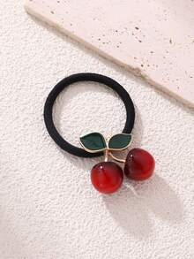 1pc/3pcs Set Elegant Cute Cherry Pendant Hair Tie, Alloy Hair Hoop Metal Hair Accessories, Suitable For Summer, Beach, Vacation, Hair Bobble, Hair Tie ,Hair Accessories, Ponytail Holders, Hair Elastics, Hair Bobbles ,Hair Rope Hairbands Head Accessories - Red - View 2