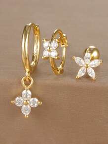 3/6pcs Cubic Zirconia Five Petal Flower Stud Earrings Set For Women Stacking Simple Huggies Cartilage Small Hoop Earring Jewelry