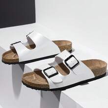 简约纯色双带扣时尚夏季拖鞋，百搭舒适一脚蹬日常户外沙滩度假凉鞋，防滑耐用穆勒鞋，男女皆宜