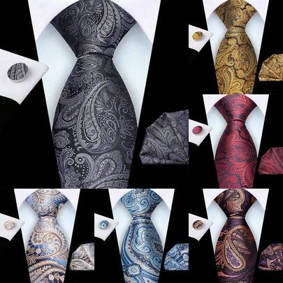 3-Piece Men's Tie Set: 3.15" Wide Paisley Pattern Tie, Pocket Square And Cufflinks, High-Quality Classic Fashion Business Casual Tie Set, Wedding, Christmas, Party Gift