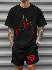 Warner Bros 2pcs Men's Casual Super Hero Cape Graphic Tee & Shorts Set, Summer