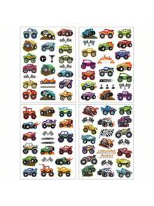 42 片装怪兽卡车主题派对用品临时纹身贴纸 - 金属质感 | 卡车、大型车辆、方格旗+火焰图案，色彩鲜艳明亮，适用于怪兽卡车 - 彩色 - 查看 4