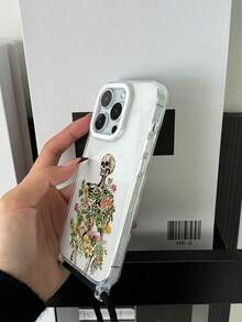 1 个骷髅、骨头、植物和树木图案透明挂绳外壳，带凸起镜头框架，内置挂绳孔，TPU 软壳，带 1 个可调节 4 毫米黑色挂绳带，适用于 15 Pro Max/15 Pro/15 Plus/11/12/13/14/15/16/16 Pro/16 Plus/16 Pro Max