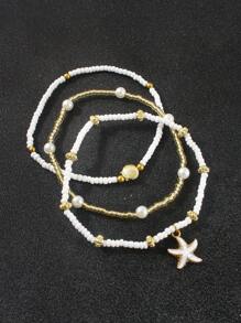 Set de 3 piezas Tobillera con colgante de estrellas de mar y conchas, decoración de perlas falsas irregulares, estilo bohemio, pulsera de tobillos apilable, adecuada para bikinis sexy de mujer, fiestas en la playa, vacaciones y regalo ideal (La cantidad y el pedido de cuentas son aleatorios)