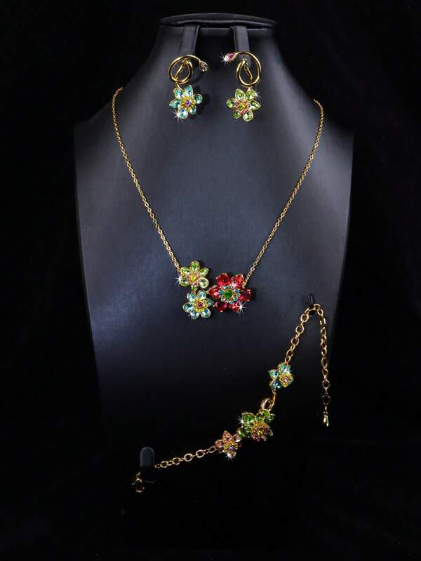 oudina Set de 4 piezas de joyería floral colorida de circonita a la moda, apta para vestimenta casual de mujeres