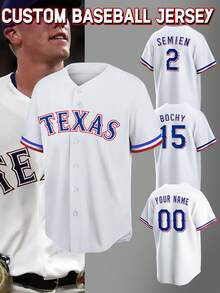 Customized Name And Number Boyfriend Style Men's Embroidery Baseball Jersey Texas WhiteV-Neck Personalized Short Sleeve Button Down Shirts Party Games Training Sports Tops S-Xxl - White - View 1