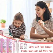 OT-NVWOZR 6-teiliges süßes Schreibwarenset mit Katzenpfoten, 2 einziehbare Radiergummis & 2 Bleistiftspitzer & 2 Kawaii-Haftnotizen, rosa Radiergummi-Spitzer in Katzenform für Schülerinnen, Mädchen, Schule, Büro