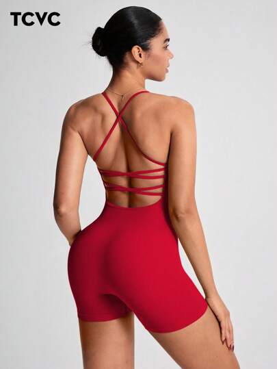 TCVC Women's Backless Crisscross Strap Romper, Breathable Round Neck Tight-Fitting Bodysuit Suitable For Yoga, Gym And Exercise, Fits All Seasons Shapewear Bodysuit