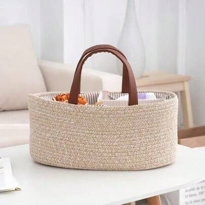 1pc Mother & Baby Supplies Storage Basket, Portable Compartment Storage Basket, Infant Products Carrying Basket, Disposable Diaper Storage Basket, Multi-Functional Divided Storage Basket, Handwoven Diaper Storage Basket