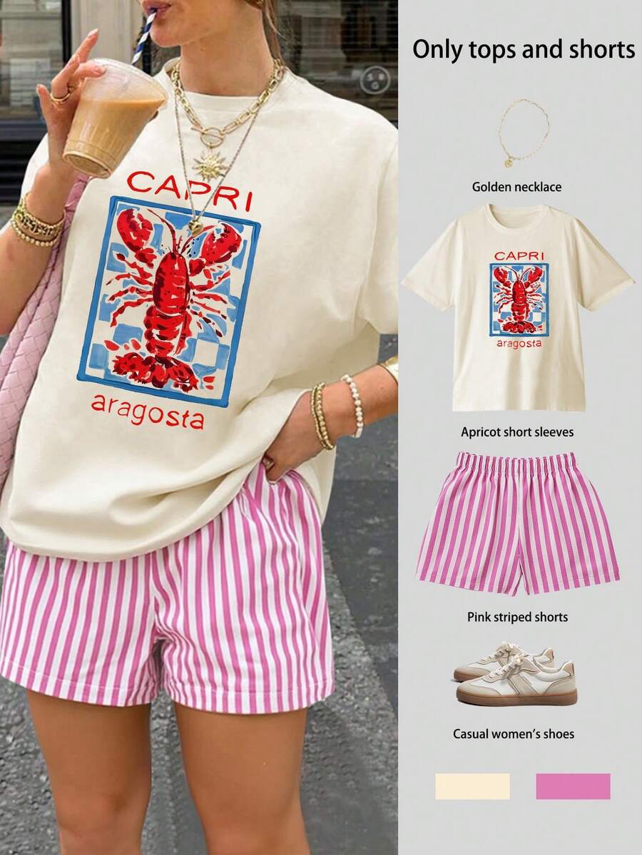 Lobster Printed Women's Oversize Short-Sleeved Top Striped Shorts Suit Women's Summer Leisure Two Pieces Suit Leisure Women's Clothing Seaside Vacation Summer Two Pieces Clothing