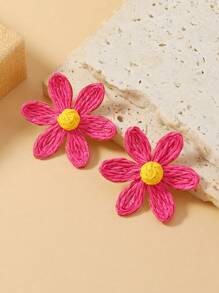 1 Pair Handmade Raffia Straw 6-Petal Flower Stud Earrings In Contrasting Colors Like Beige, Blue, Green, Pink - Bohemian Style, Suitable For Daily Wear