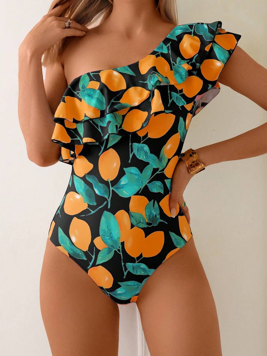 Women's Fashion Lemon Print Ruffled Trim One Shoulder Swimsuit