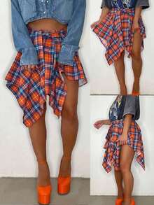 Casual Fashion Style Elastic Waist Colorful Plaid Asymmetrical Hem Midi Skirt For Sping/Summer - 彩色 - 查看 1