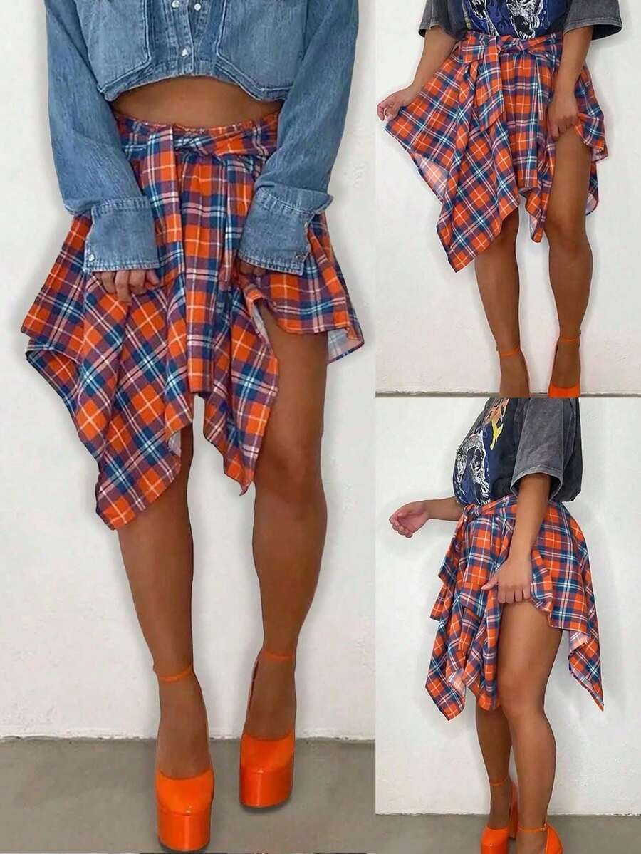 Casual Fashion Style Elastic Waist Colorful Plaid Asymmetrical Hem Midi Skirt For Sping/Summer - 彩色 - 查看 1