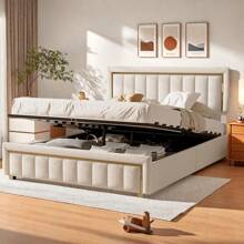 Cama tapizada 140/160*200cm, cama doble hidráulica con canapé, canapé con estructura de láminas de madera, cama juvenil, cama de metal, estructura de cama de terciopelo, rayas doradas, beige