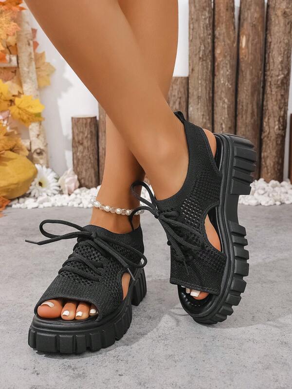 Plus Size Women's Bohemian Style New Mesh Knitted Lace-Up Roman Style Open Toe Wedge Thick Bottom Casual Sandals