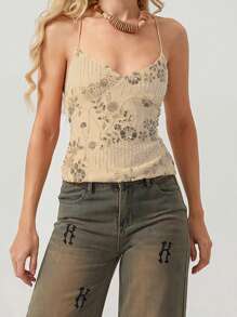 Women Camisole, Sleeveless Tops V-Neck Backless Flower Summer Vest For Party Club