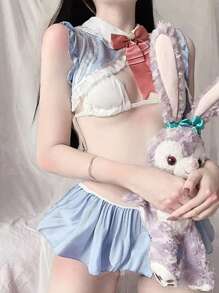一套性感内衣套装，配有柔软的兔耳发箍，诱人的三件套睡衣，适合角色扮演（包含项圈+丁字裤），万圣节派对礼服