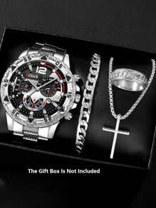 4pcs/Set Men's Business Watch Set, Stainless Steel Quartz Watch With Round Dial & Indicator, Comes With Fashion Pendant Necklace, Bracelet And Ring, Ideal Gift For Men