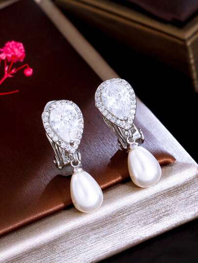 1 Pair No Ear Hole Design Women Elegant Pearl Dangle Drop Earrings Clip On Silver Plated Cubic Zirconia Bridal Jewelry For Wedding Engagement Banquet Party Prom To Female Brides Bridesmaids Gift