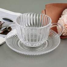 1 件复古条纹玻璃杯碟套装，透明杯子和盘子，法式下午茶/咖啡杯