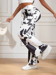 加大码女式牛纹喇叭裤，松紧腰，宽松版型，创意V型设计，休闲舒适，时尚阔腿针织裤 - 黑與白 - 查看 4