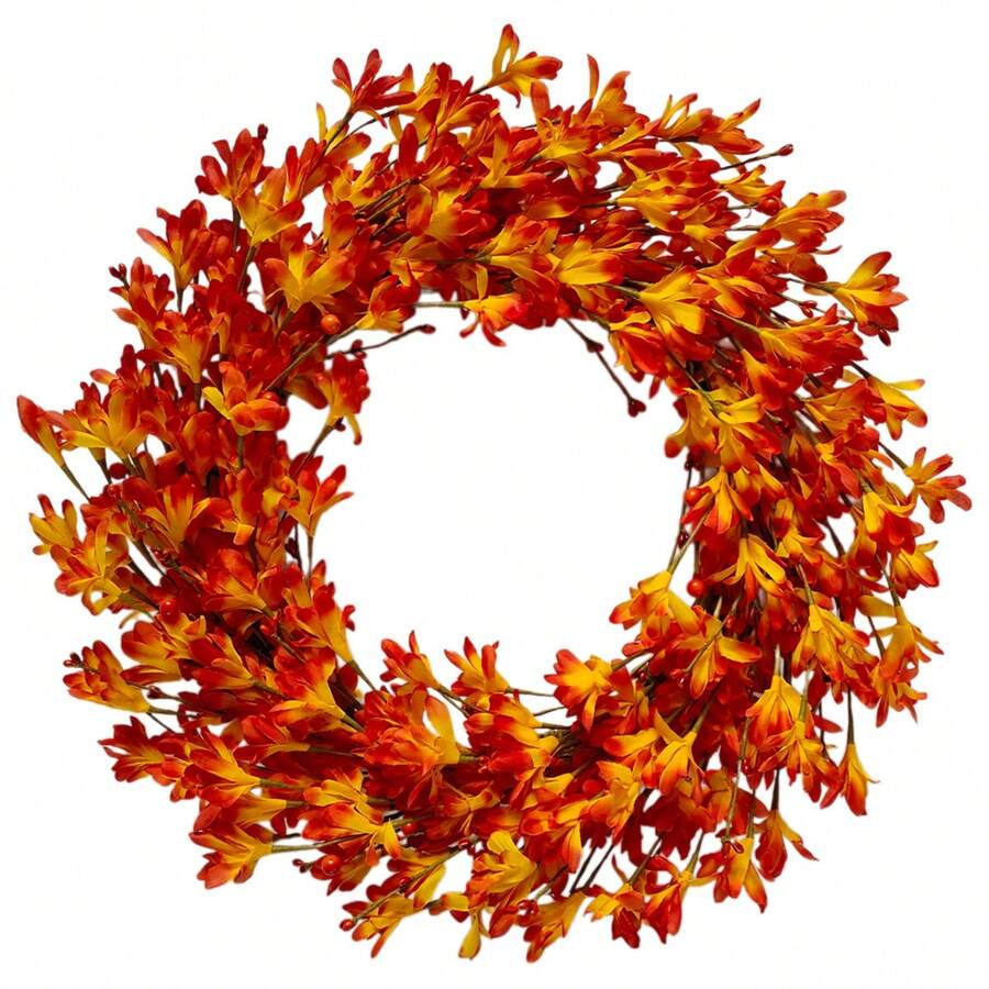 Yuejia 1PC Artificial Fall Wreath Autumn Wreaths For Front Door Orange Forsythia Wreath With Berries Fall Foliage For Indoor Outdoor Thanksgiving Day Harvest Festival Home Party Holiday Christmas Halloween Day