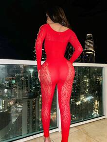 女士夏季圆领长袖镂空拼接豹纹蕾丝性感修身连体裤 春季 - 紅色 - 查看 9