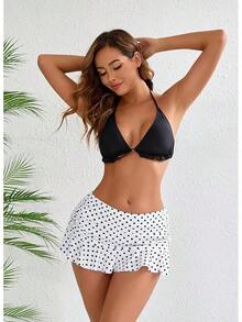 Halcurt Women's Low Waisted Ruched Ruffle Swim Skirts With Hipster Bikini Bottoms Tummy Control Swimsuit - 白色/圓點 - 查看 5