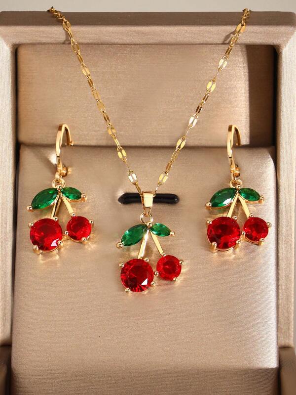 Set de 3 piezas [Collar y Aretes] Serie de Frutas - Diseño de Cereza Juego de Joyería para Mujeres, de Material de Cobre Incrustado con Circonita, Elegante y Lindo, y Dulce, Adecuado para Vacaciones y Uso Diario de Mujeres, Regalo de Joyería para Graduación y Regreso a la Escuela