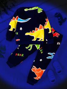 Chatreadl 男童两件套休闲可爱酷炫恐龙毛绒夜光长袖长裤家居服套装适合秋冬季 - 藏蓝色 - 查看 4