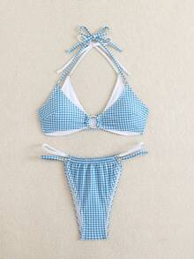 女士夏季沙滩格纹系带露背圆环比基尼套装
