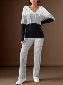 Conjunto de dos piezas de mujer con pantalón y sudadera con capucha de manga larga con contraste de color, para primavera y otoño