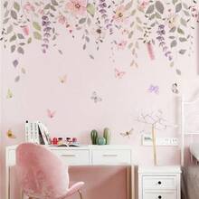 BRUP 2 Sheets/Set Watercolor Flowers Green Leaves Vines Plants Wall Stickers - PVC Self-Adhesive Decals - For Children's Room Decor/Pink Girl's Room Decor/Nursery Decor/ Bathroom Decor/ Home Decoration & Birthday Present - Multicolor - View 3