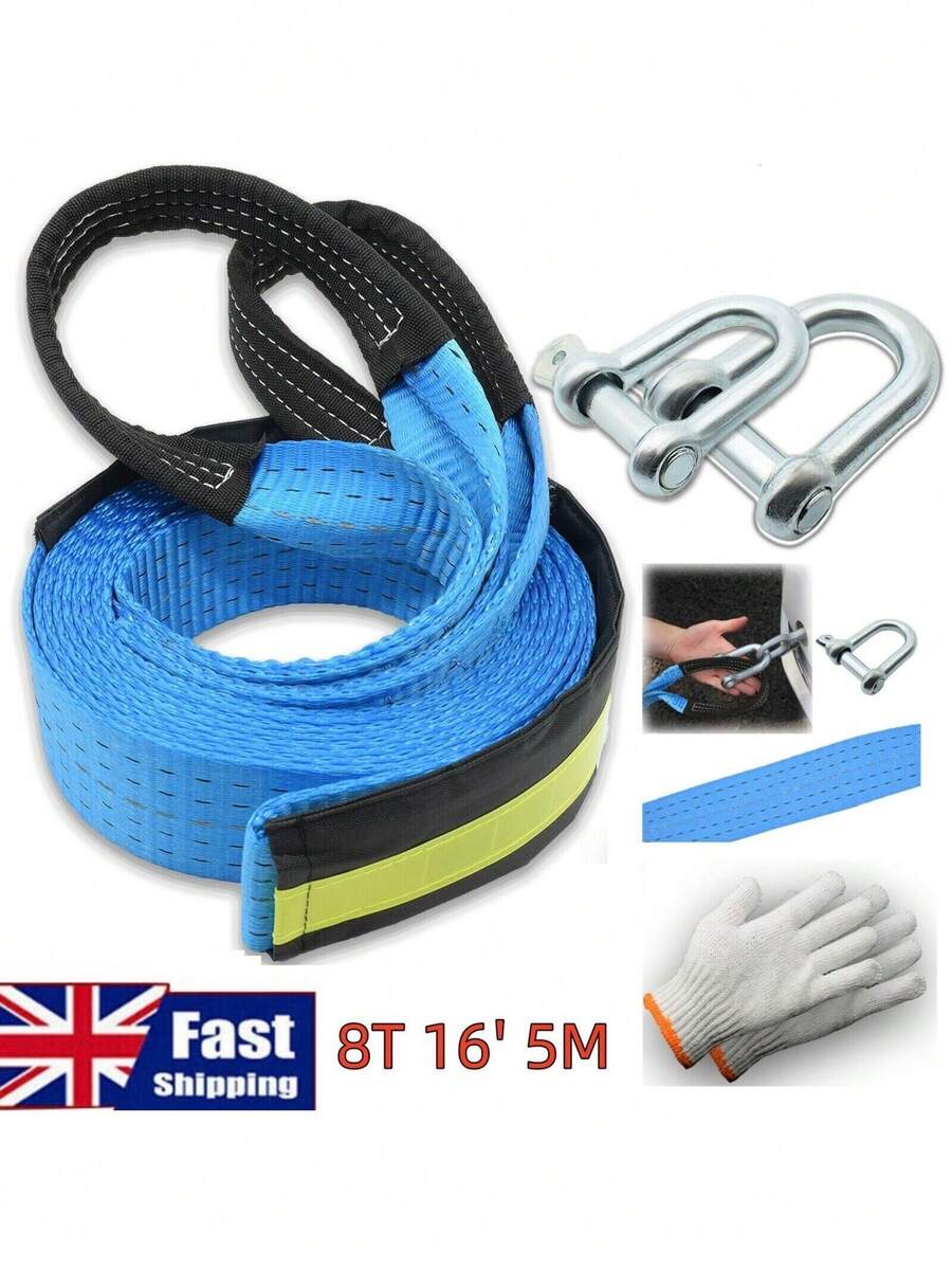 8T 16' 5M Tow Rope Heavy Duty Towing Pull Strap Road Recovery Two Shackles Chain - Blue - View 1