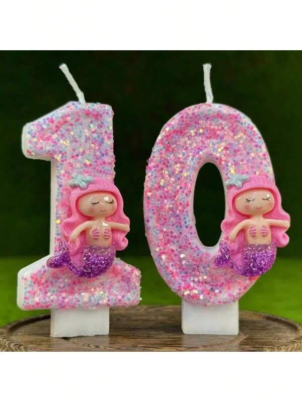1pc Number 0-9 Digit Birthday Candles, Pink Cartoon Mermaid Digital Candles With Sequins, Suitable For Birthday Party Cake Decoration, Suitable For Anniversary Parties,Suitable For Cute Pet Theme Cake Decoration Candles, Cake Decoration Pure Handmade DIY