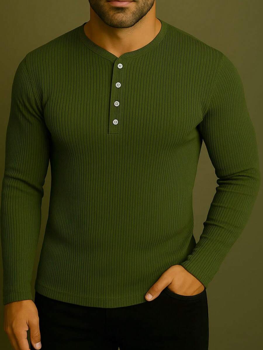 J SILVER Men's SLIM Long Sleeve 4 Button Henley T-Shirt - Portuguese Collar - Various Colors - Army Green - View 1