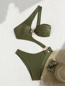 1pc Elegant Solid Color Sexy Hollow Out Knitted Fabric Women One Piece Swimsuit